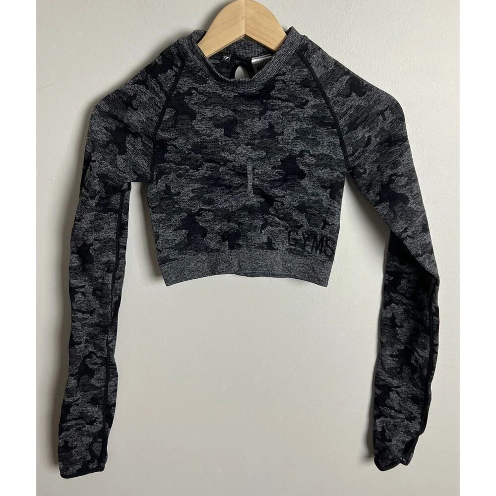 Gymshark Adapt Seamless Dry Long Sleeve Camo Crop Top Black/Gray Size Small